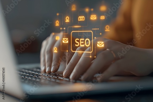 Search Engine Optimization SEO Concept - Woman Browsing and Searching for Information on Laptop