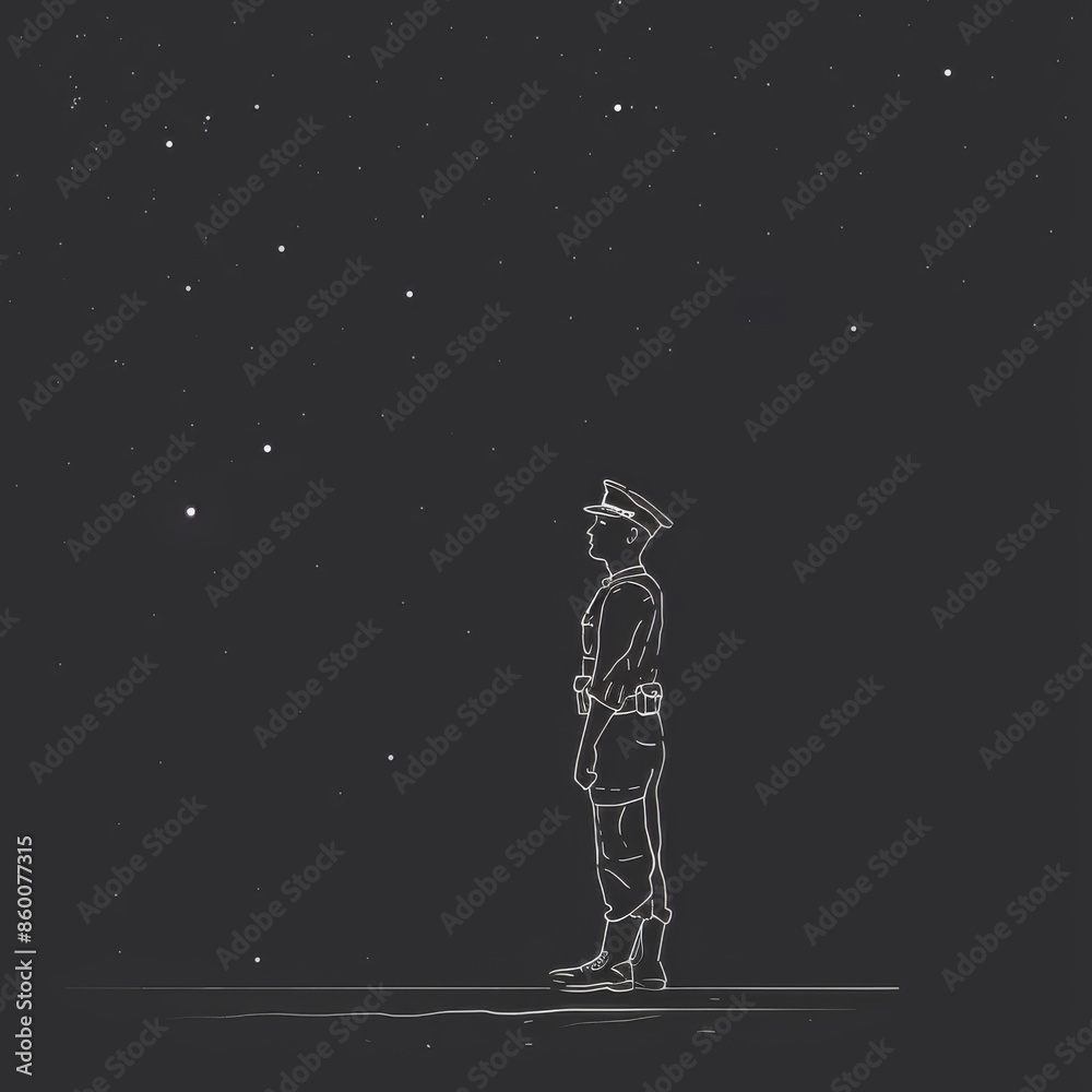 Striking minimal line art of a lone soldier standing at attention against a backdrop of stars. Striking minimal line art of a lone soldier standing at attention against a backdrop of stars.