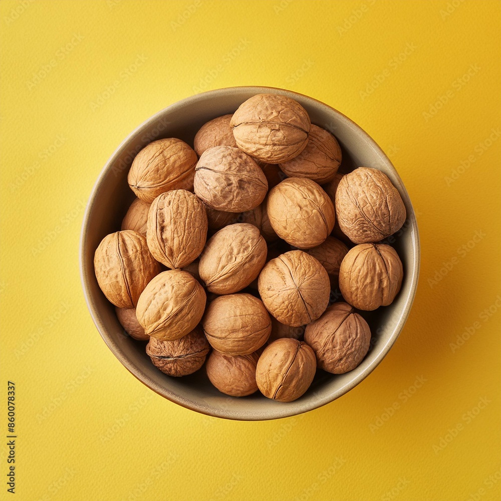 walnut in bowl on yellow background walnut in bowl on yellow background