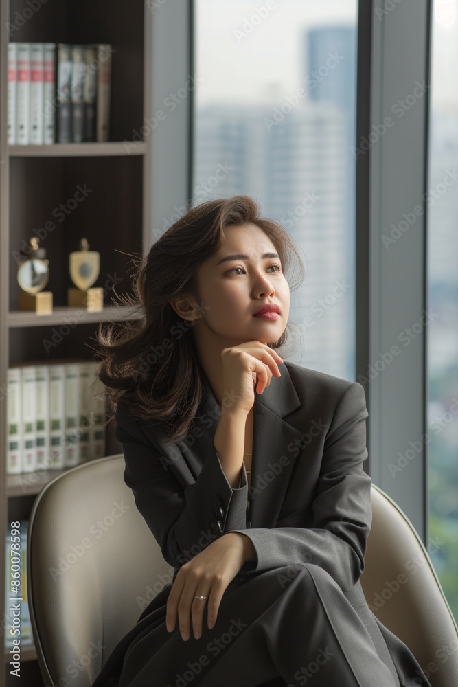 A contemplative Japanese businesswoman sits at an office desk, looking thoughtful and serious. A contemplative Japanese businesswoman sits at an office desk, looking thoughtful and serious.