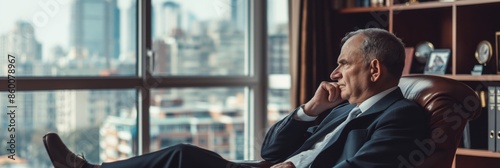 A senior professional businessman sits contemplatively by a window in an office, looking thoughtful. photo