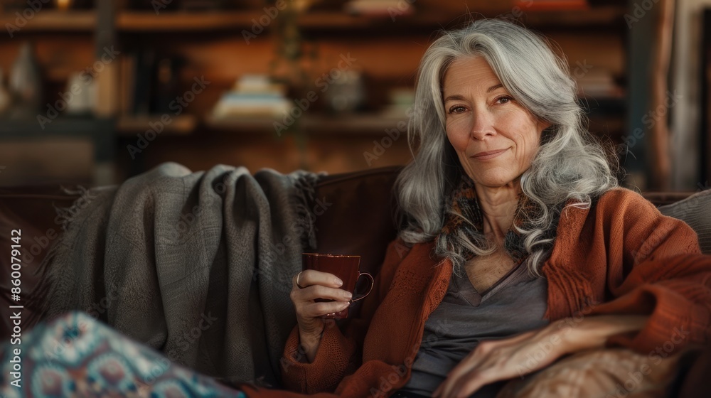 A woman is sitting on a couch with a cup in her hand A woman is sitting on a couch with a cup in her hand
