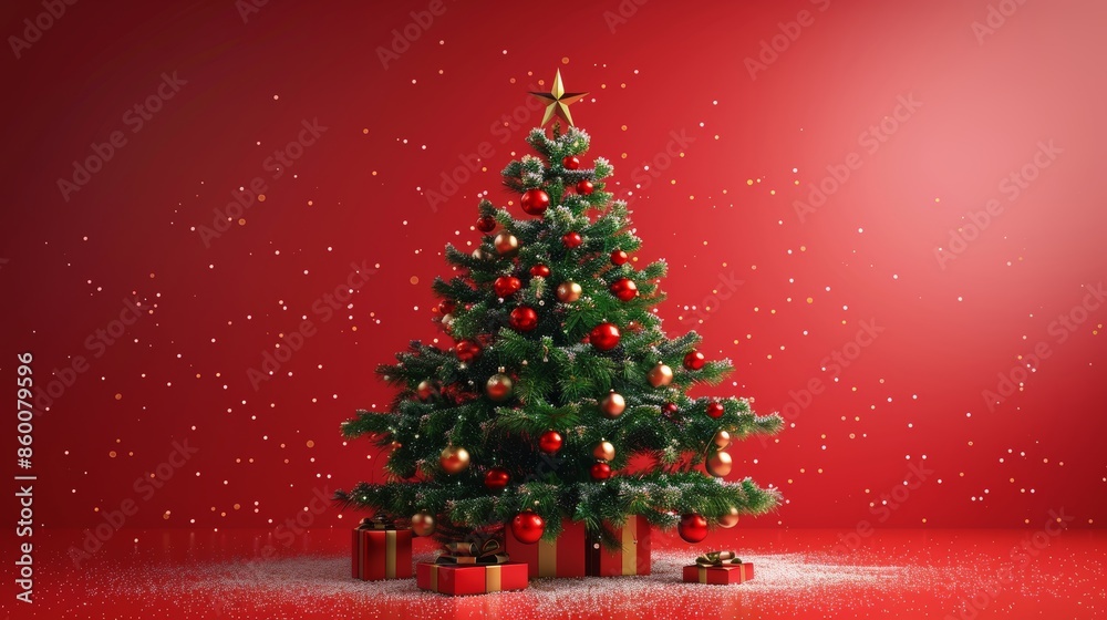 Obraz premium Cozy Christmas Tree on Red Background Generative AI