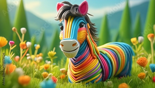 Un divertido, alegre y sonriente caballo hecho con tiras de plastilina de color en una verde pradera. Tema infantil photo