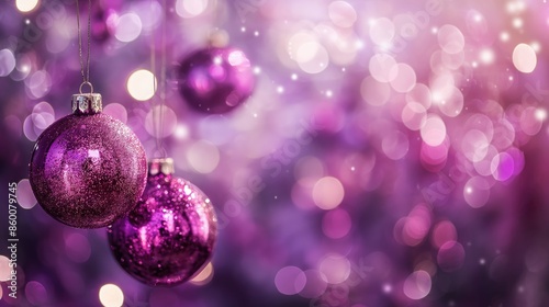  Christmas purple balls hanging on a bokeh background with copy space. Happy New Year greeting card. New Year concept