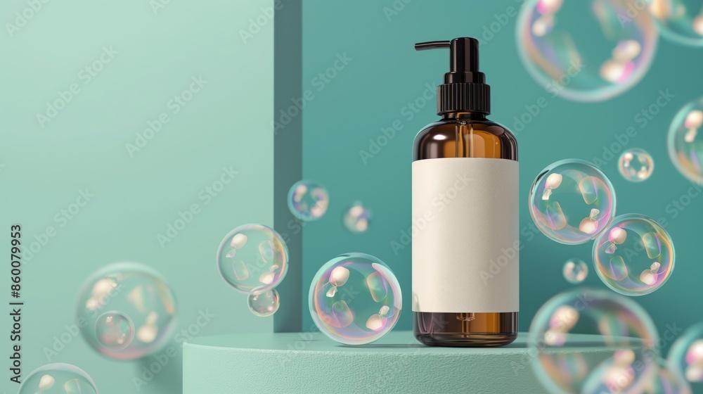 Mockup of cosmetic flacon with white blank label and soap bubbles on cylinder presentation podium with blue background. Concept of care cosmetics Mockup of cosmetic flacon with white blank label and soap bubbles on cylinder presentation podium with blue background. Concept of care cosmetics