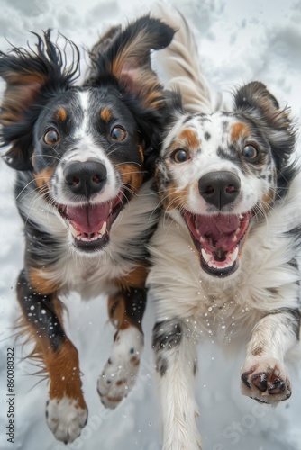 Energetic and Playful Dogs Jumping in Snow with Happy Expressions and Snowflakes