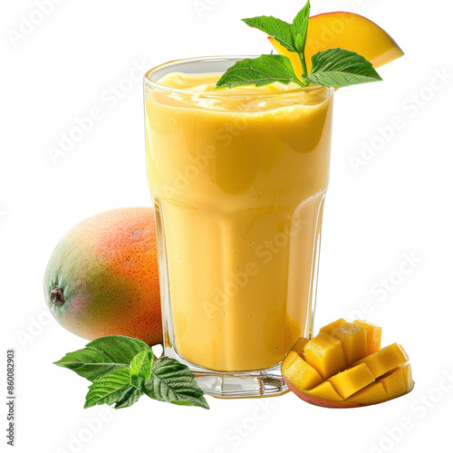 Refreshing mango smoothie in a glass with fresh mango slices and mint, perfect for a tropical and healthy drink delight.