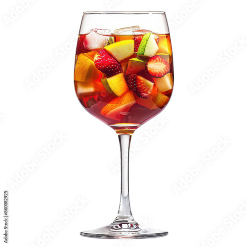 Refreshing fruit sangria in a glass goblet with a variety of colorful fruits and ice cubes, perfect for summer enjoyment.