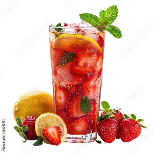 Refreshing strawberry lemonade with ice and mint, perfect for a summer day. Freshly sliced strawberries and lemon for a delicious, vibrant drink.