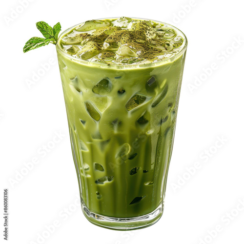 Refreshing iced matcha latte with mint, perfect drink on a warm day. Cool and invigorating green tea beverage served cold over ice.