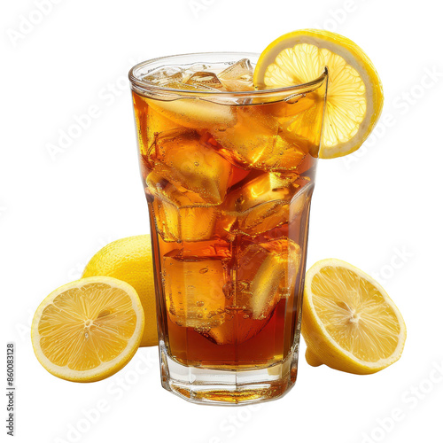 Refreshing glass of iced tea with lemon slices and ice cubes, perfect for a hot summer day.
