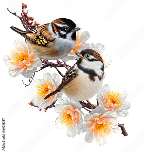 Spring holiday background, two bright sparrow birds sitting on a branch of a blooming yellow sakura, primrose, isolated on a white background no AI