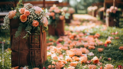 Beautiful romantic festive place made with wooden square and floral ,roses decorations for outside wedding ceremony in green park, Wedding settings at scenic place photo