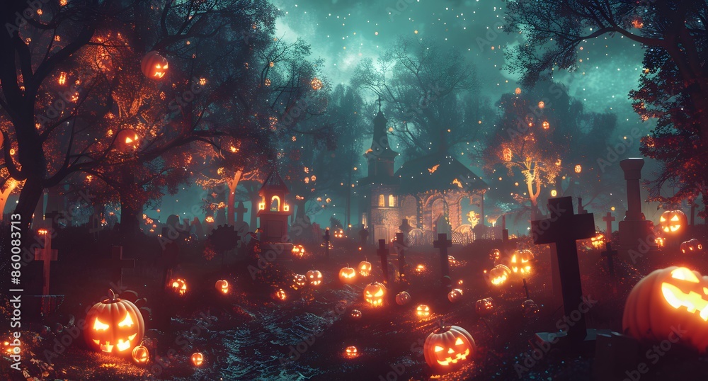 Halloween background with spooky graveyard and lanterns, teal blue green color Halloween background with spooky graveyard and lanterns, teal blue green color