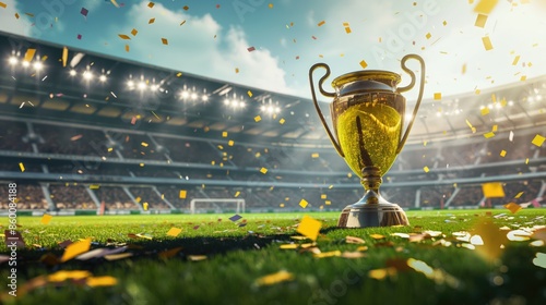 The gold trophy   hampions   up on a soccer stadium backdrop with flying confetti. The concept of championship