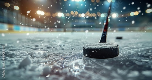 Frozen rink with swift hockey stick to hit hockey puck photo