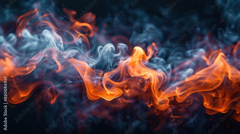 A mesmerizing blend of orange and white smoke swirling against a dark background, capturing the dynamic and chaotic beauty of twirling flames and their energetic flow. A mesmerizing blend of orange and white smoke swirling against a dark background, capturing the dynamic and chaotic beauty of twirling flames and their energetic flow.
