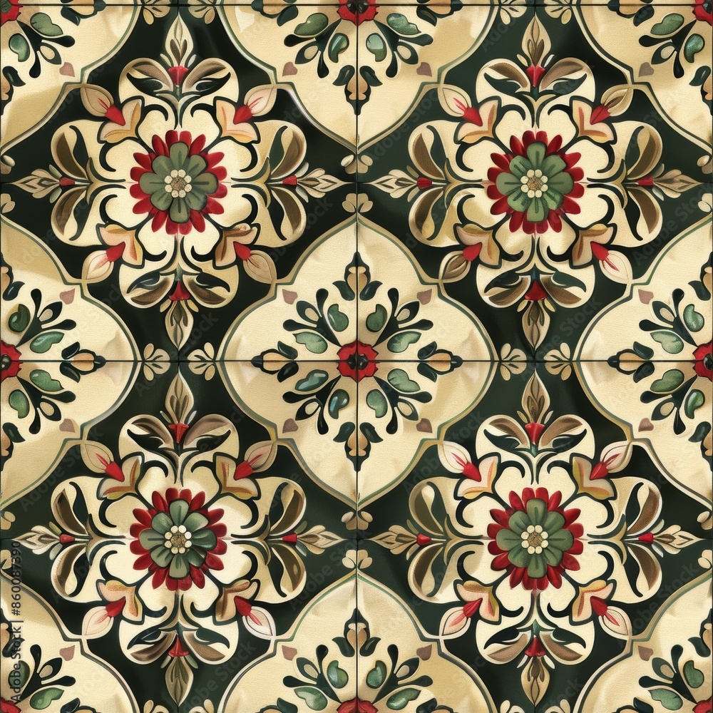 A patterned tile floor with flowers and leaves. The flowers are red and green. The tile is black and white A patterned tile floor with flowers and leaves. The flowers are red and green. The tile is black and white