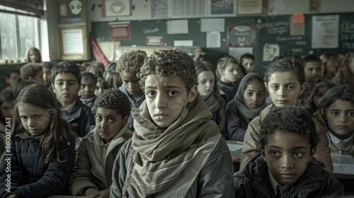 Young Boy in Scarf Exhibiting Concern in a Thoughtful Group of Diverse School Children