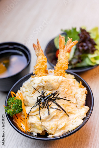 Ebi Tendon Omu Rice prawn tempura rice bowl with melted egg photo