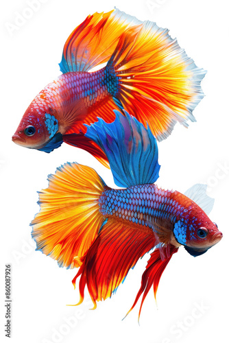 Two Vibrant Betta Fish with Flowing Fins and Bright Colors on Transparent Background
