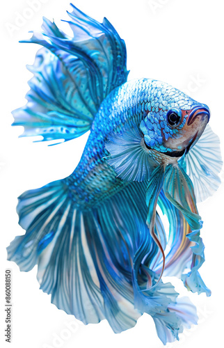 Stunning Blue Betta Fish with Flowing Fins on Transparent Background in Close-Up Detail
