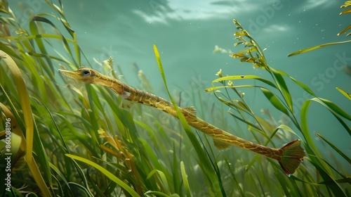 A delicate pipefish camouflaged among seagrass, its slender body blending in perfectly. photo