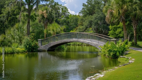 Create a picturesque image featuring a bridge within a tranquil park or garden setting. Capture the essence of the scenery, 