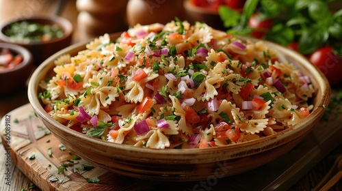 A vibrant pasta salad featuring colorful vegetables like red onions and tomatoes, garnished with fresh herbs, presented beautifully in a bowl, ideal for a summer meal.