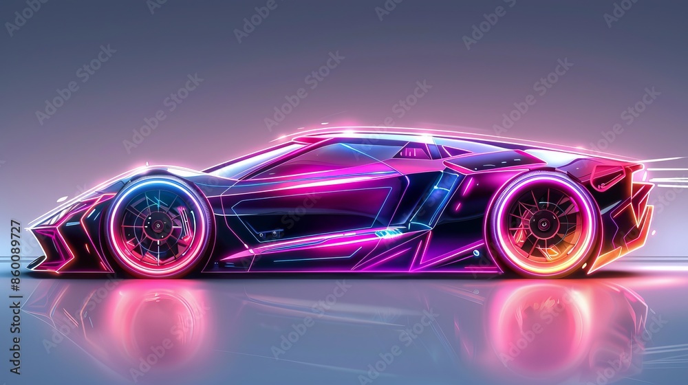 Naklejka premium Neon Sport Car With Pink and Blue Lights