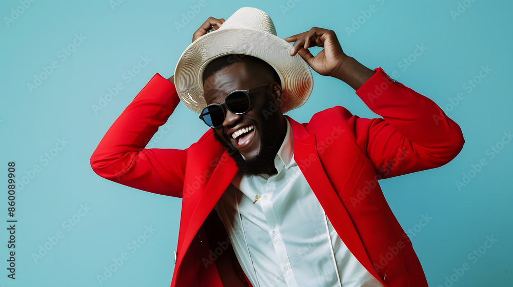 Time for party Happy refined and stylish african man having fun dancing on pastel light blue background Joyful positive man in red suit white shirt sunglasses holding on to hat having : Generative AI Time for party Happy refined and stylish african man having fun dancing on pastel light blue background Joyful positive man in red suit white shirt sunglasses holding on to hat having : Generative AI