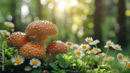 A beautiful image of multiple Amanita mushrooms grouped together in a forest, surrounded by daisies and bathed in warm sunlight, highlighting the harmony of nature's flora. © svastix