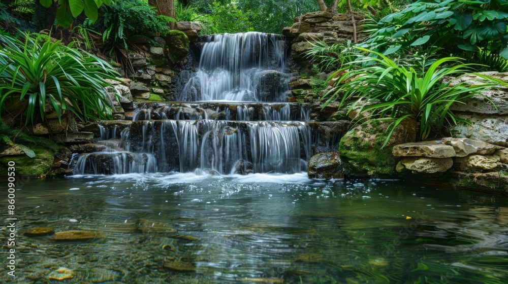 Crystal clear waterfall cascading into a serene pool, surrounded by lush greenery, peaceful natural setting Crystal clear waterfall cascading into a serene pool, surrounded by lush greenery, peaceful natural setting