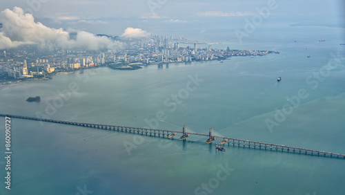 Aerial view of Penang Bridge and Georgetown photo
