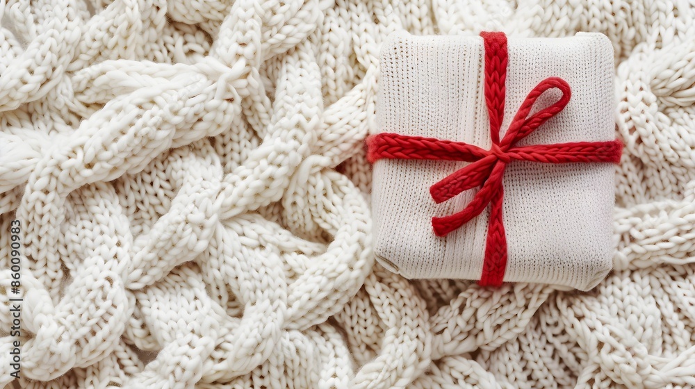 top view of knitted white gift box with copy space for holiday or Christmas present background 