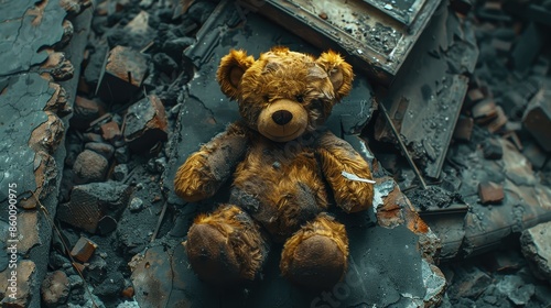 A worn out teddy bear lies amidst charred rubble, showing signs of wear and tear, symbolizing resilience amidst catastrophe, and the remnants of once-cherished memories now marred by trauma. photo