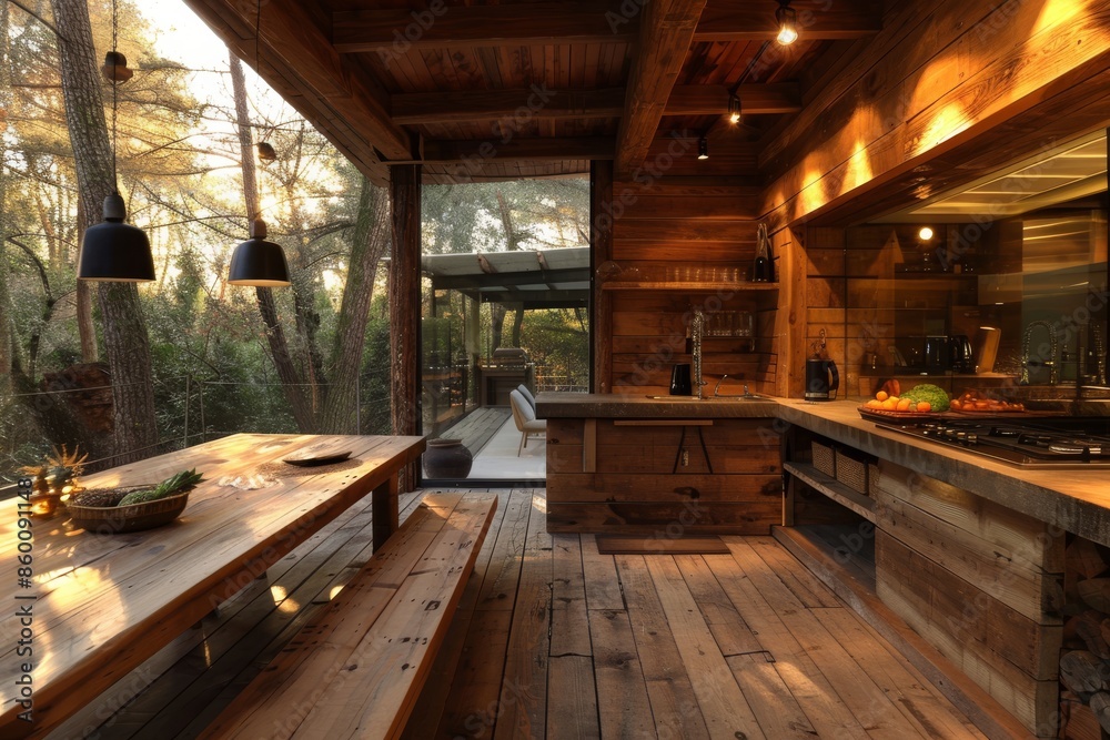 Rustic Wooden Kitchen with Outdoor View Rustic Wooden Kitchen with Outdoor View