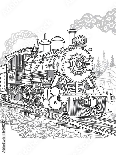 Train engine Kids/adults coloring page art, line art on white background 