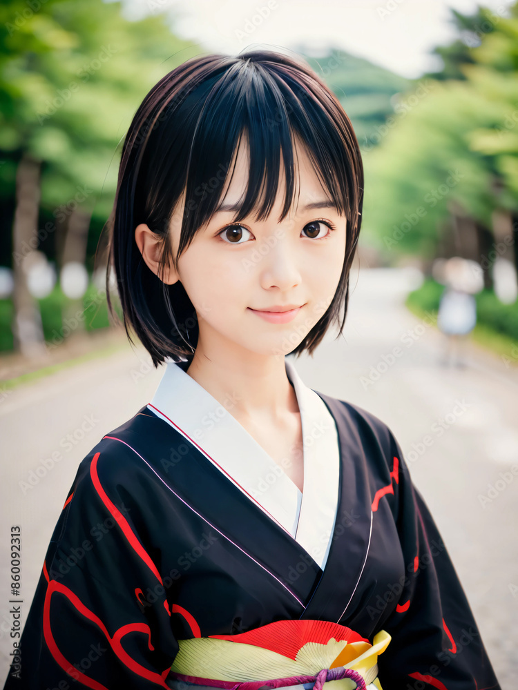 夏祭りの午後に浴衣を着た笑顔の若い女性