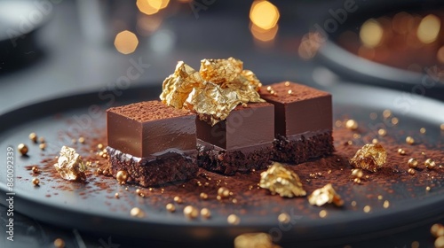 Gourmet chocolate dessert with gold leaf, elegant presentation on a dark plate, luxurious dining concept © watanu