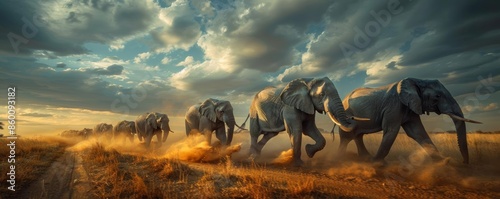 Herd of elephants crossing a dusty plain, dramatic sky above, wildlife conservation theme