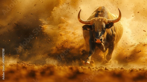 A determined bull running through swirling clouds of dust, capturing a sense of urgency and power as it moves swiftly across the landscape.