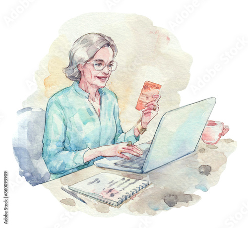 aged stylish woman with notebook working