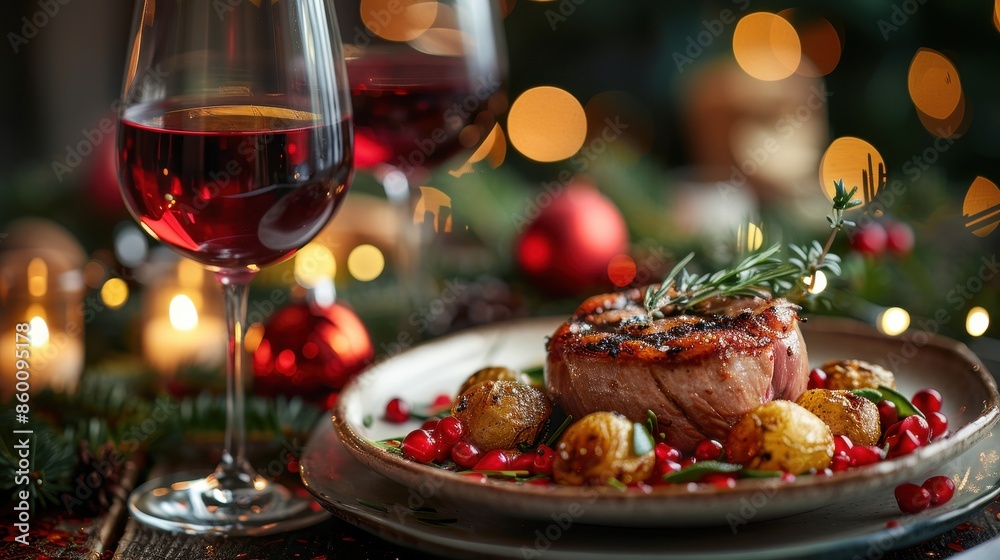 A delicious dinner plate with steak and roasted potatoes, complemented by two glasses of red wine, in a festive, candlelit setting adorned with holiday decorations. A delicious dinner plate with steak and roasted potatoes, complemented by two glasses of red wine, in a festive, candlelit setting adorned with holiday decorations.