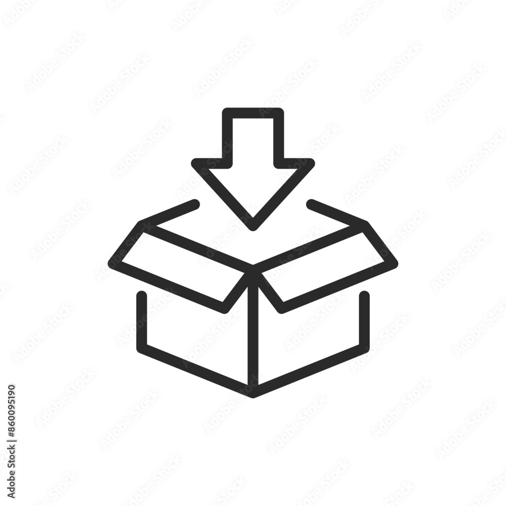 Open box with downward arrow, linear style icon. Box with an arrow pointing downwards, content being put in. Editable stroke width