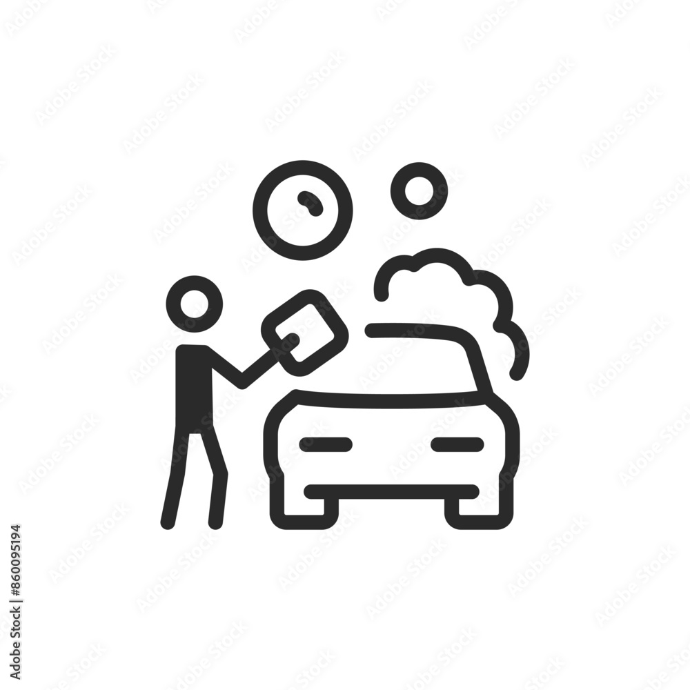 Person washing car, linear style icon. Person with cloth, car, and soap. Car washing. Editable stroke width Person washing car, linear style icon. Person with cloth, car, and soap. Car washing. Editable stroke width