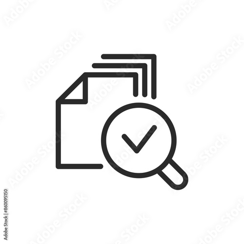 Document verification, linear style icon. Document stack with checkmark and magnifying glass. Editable stroke width