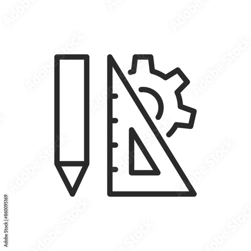 Drafting and blueprint development, linear style icon. Pencil, ruler, and gear. Editable stroke width