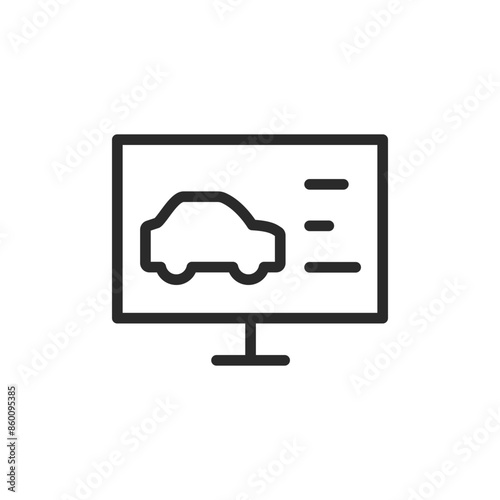 Car diagnostics on computer, linear style icon. automotive diagnostics or computerized car testing. Editable stroke width.